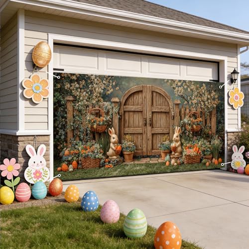 Image of Spring Garden Garage Door Cover 157x70 inch Bunny Floral Rustic Wood Door Farmhouse Outdoor Mural Banner Easter Decoration Home Decor