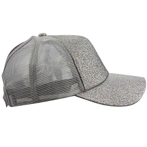 Womens Summer Glitter Messy Bun Mesh High Ponytail Baseball Tennis Sun Hat Cap Silver #TOP4