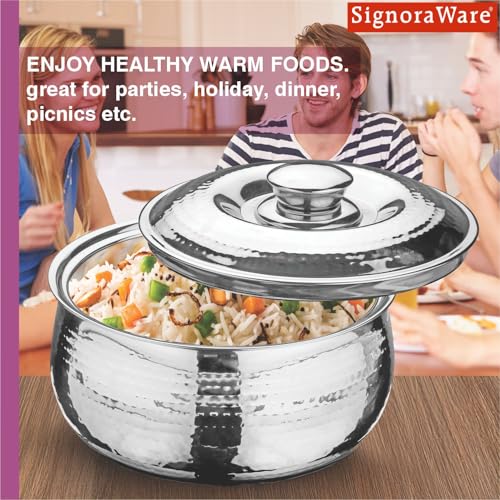 Image of Signoraware Hot Delight Hammered Stainless Steel Casserole | Airtight Lid | Retain Freshness | Great For Travelling or Small Gatherings | Perfect For Hot Curry, Chapatti & Rice (2.1 Ltr | Steel)