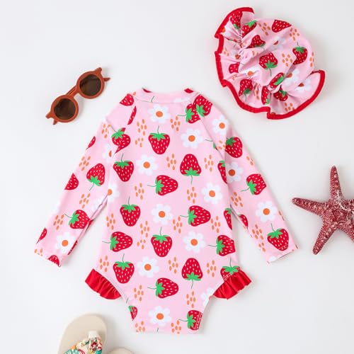 Baby Girl Swimsuit One-Piece Long Sleeve Rash Guard with Hat Set Strawberry/Flower Zipper Bathing Suit3