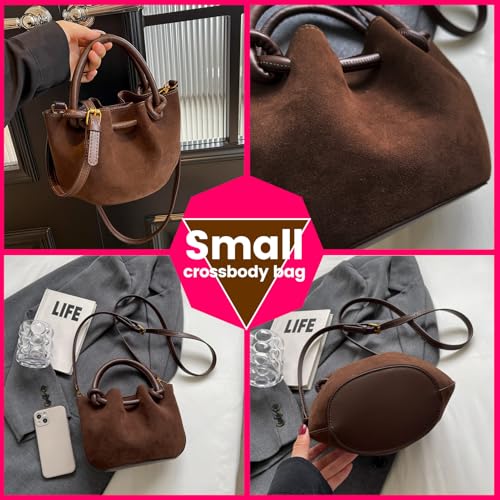 Image of Women's Brown Suede Crossbody Bag,Small Crossbody Bag Shoulder Bag for Women,Small Purse Suede Bag Handbags,Small Bucket bag