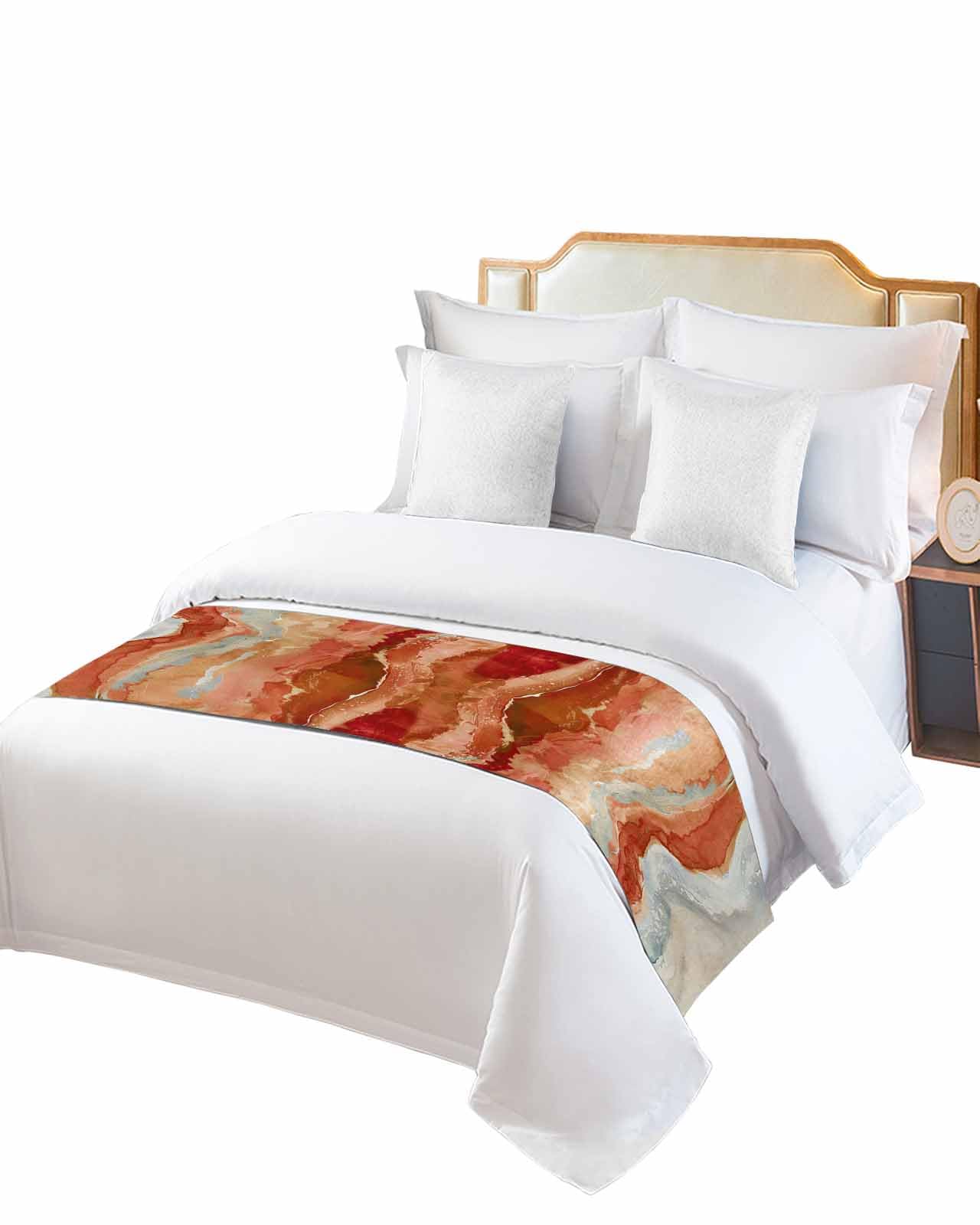 Burnt Orange Coastal Bed Runner for Full/ Queen Size Bed, Spring Summer Ocean Beach Nautical Sea Wave Bedspread Protector Slipcover Bed Scarf for Foot Bed Runners & Scarves for Bedroom 83x20 Inches