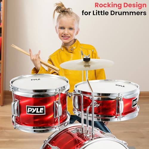 Image of Pyle Kids Drum Set, 3 Piece Beginner Junior Drummer Kit with 13 inch Bass Drum, Snare, Tom, Cymbal, Adjustable Throne, Mutes, Drumsticks, Red