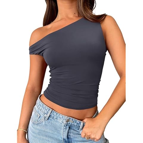 BONITEE Womens Tank Tops Off Shoulder Sleeveless Shirts Going Out Crop Tops Slim Fitted Basic Tee Y2K Summer Outfits 2024 Dark Grey S Cover