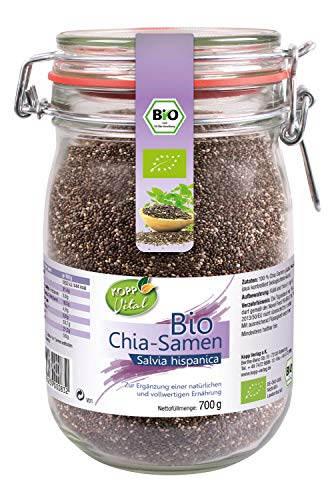 KOPP Vital® Bio Chia-Samen im Bügelglas 700 g - Bio-Qualität - ohne Gentechnik – Zusatzstofffrei - dekorativen Bügelglas - Premium Chia-Samen