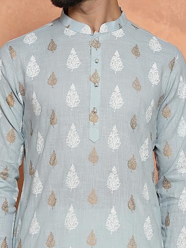 Image of KISAH Men Cotton, Full Sleaves, Knee Length, Straight, Regular Fit, Mandarin Collar Ethnic wear, Sky Blue, 40