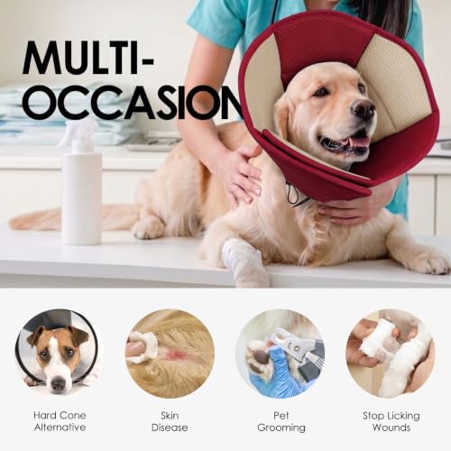 Image of AOFITEE Large Dog Cone - Adjustable Dog Cone to Stop Licking, Foldable Extra Large Cones Dogs for Wound Healing, Pet Elizabethan Cones Collar After Surgery, XL Fabric Pet Neck Collar, RosyRed X-Large