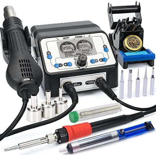 WEP 938BD-I Soldering Iron Station Hot Air Rework Station 2-IN-1 with LCD Display, PID Control, Hot Air Start/Stop, Sleep Mode, 3 Extra Nozzles, 5 Extra Soldering Tips, Lead-Free Solder Wire