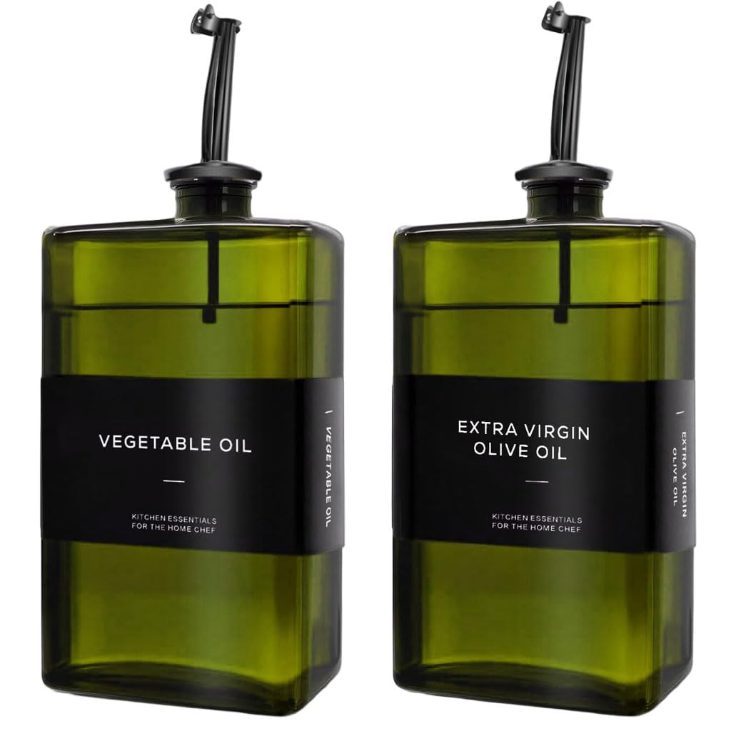 Supvox® 2Pcs 500ml Oliver Oil Container Dark Tinted Glass Oil Bottles with Long Pour Nozzles, Edible Oil Dispenser Kitchen Oil Containers, Easy to Refill, with Funnels, Label Stickers