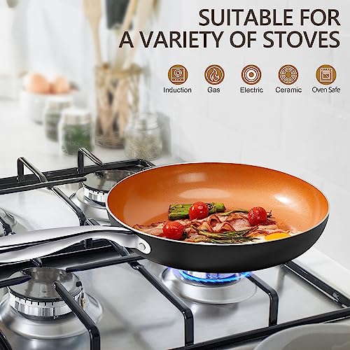 Michelangelo 10 Inch Frying Pan With Lid, Nonstick Copper Frying Pan With Titanium Ceramic Interior, Nonstick Frying Pans, Nonstick Skillet With Lid,10 Inch Copper Pans Nonstick, Induction Compatible #TOP3