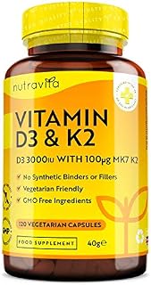 Vitamin D3 3000iu & K2 100ug (MK7)  120 Vitamin D3 K2 Vegetarian Capsules  Supports Normal Bones, Muscles, Teeth and Immune System  Cholecalciferol & Menaquinone-7  Made in The UK by Nutravita