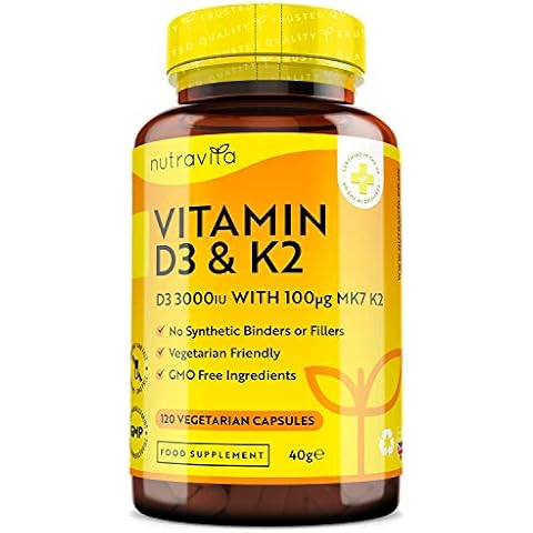 Vitamin D3 3000iu & K2 100ug (MK7) – 120 Vitamin D3 K2 Vegetarian Capsules – Supports Normal Bones, Muscles, Teeth and Immune System – Cholecalciferol & Menaquinone-7 – Made in The UK by Nutravita Cover