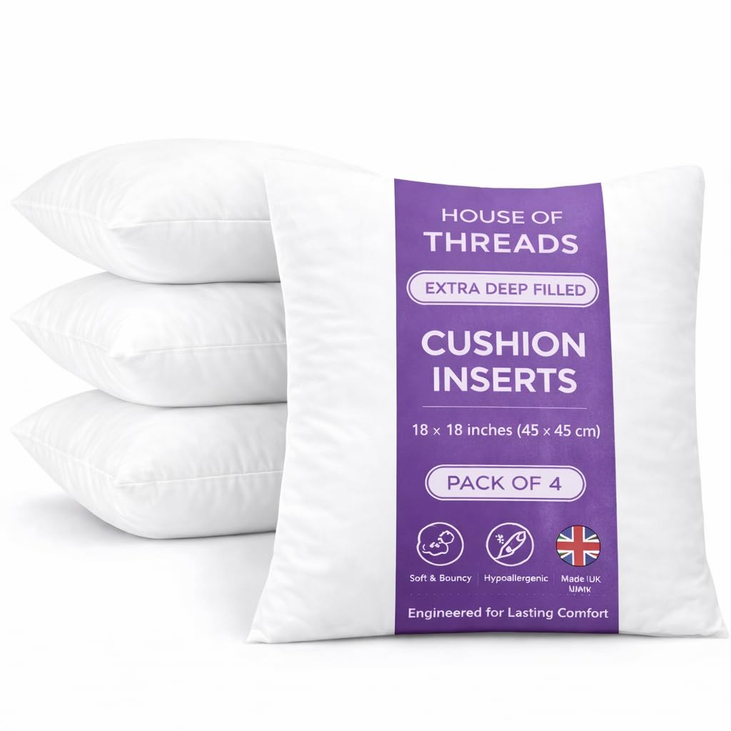 HT House Of Threads 18 x 18 Inch (45 x 45 cm) Cushion Insert | Extra Deep Filled Luxury Hotel Quality Cushion Pads | Premium White Hollowfibre Throw Pillows | Home Decor | 4 Pack โ image 1