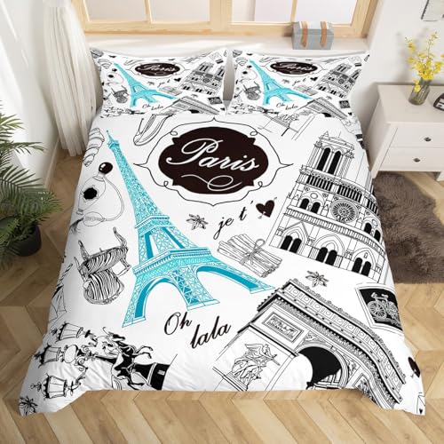 Manfei Paris Duvet Cover Set Full Size Blue Eiffel Tower Comforter Cover France Famous Buildings Print Bedding Set 3pcs for Kids Boys Teens, Black White Bedspread Cover with 2 Pillowcases,No Comforter
