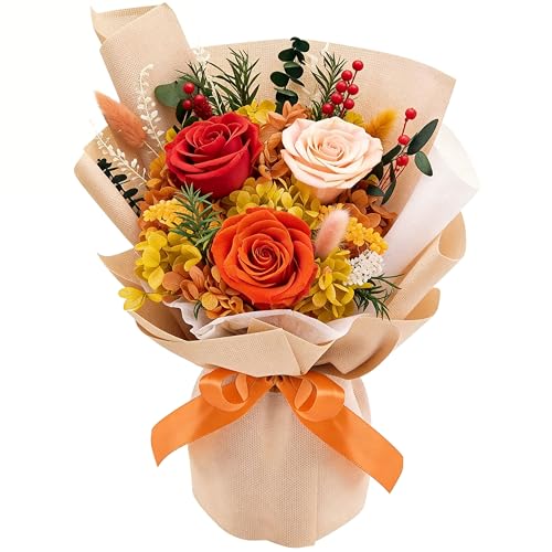 Gnifot Preserved Flowers Bouquet, Flowers for Delivery,Handmade Orange Rose Bouquets Lasting 3-5...