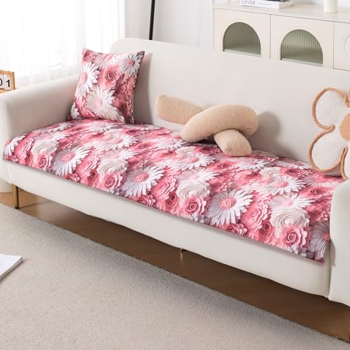 Image of HOKIPO 'Nature Muse' Premium HD Printed Holland Velvet Sofa Cover Mat for 1 /2 /3 Seater & L-Shape Sofa. Make Your Own Sofa Cover Set, Mat 70(D) x 170(L) cm, Blush Bouquet (IN-917-D6)