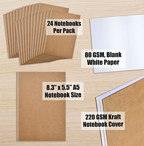 Kraft Notebooks 24 Pack, Blank Unlined, 8.3 In X 5.5 In, A5 Size, 60 White Pages, 80 Gsm, By Better Office Products, Soft Cover Notebooks, Stitched Spines, Art Drawing Sketchbook #TOP4