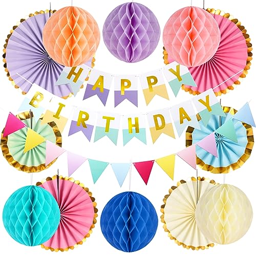 SUNNOW Decoraciones de fiesta de cumpleaños pastel para niñas y mujeres, pancartas de feliz cumpleaños, abanicos de papel colgantes, decoración de banderines de feliz cumpleaños, suministros de