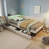 RXMORI Polsterbett 90x200,Einzelbett mit Lattenrost,Verformbares Funktionsbett mit Stauraum Kopfteil,Bettgestell 90x200,tagesbett mit 2 Schubladen,ohne Matratze (Beige, 90x200cm)