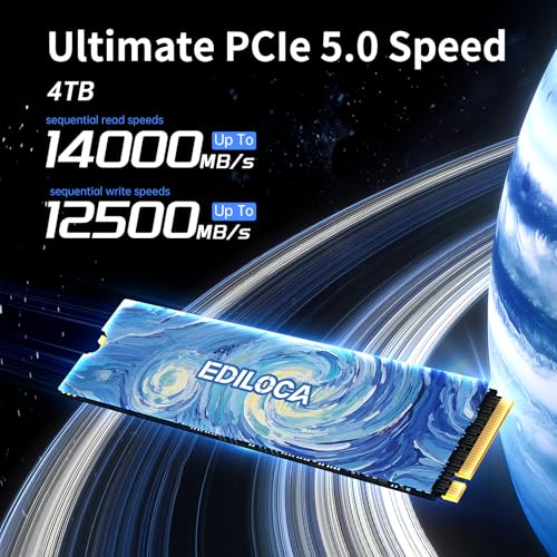 Image of Ediloca SSD 4TB NVMe PCIe 5.0x4, Up to 14,000MB /s Read, 12,500MB /s Write, 4TB SSD with 4GB LPDDR4 DRAM & Dynamic SLC Cache, M.2 2280 3D TLC for Gaming /Video Editing /PC /Laptop (EN1400 Pro)