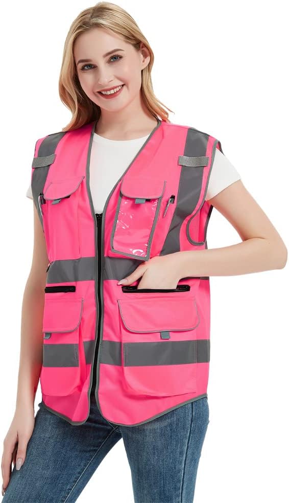 Large Pink Safety Vest For Women | Hi Vis Vest With Reflective Stripes| Surveyor Reflective Vest With Pockets And Zipper (L, Pink)