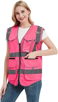 High Visibility Pink Safety Vest For Women | Hi Vis Vest With Zipper And Pockets | Small Construction Vest With Reflective StripesS, Pink