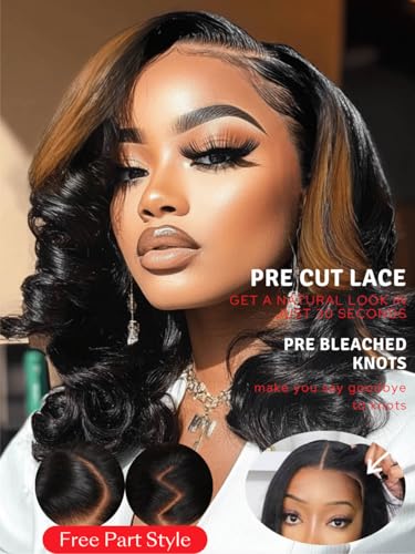 Image of Beauty Forever Bye Bye Knots Glueless Wigs Black with Caramel Blonde Highlights Body Wave Human Hair Wig 7x5 HD Lace Pre Plucked Pre Cut Drawstring Wig for Beginner Ready to Wear 150% Density 16inch