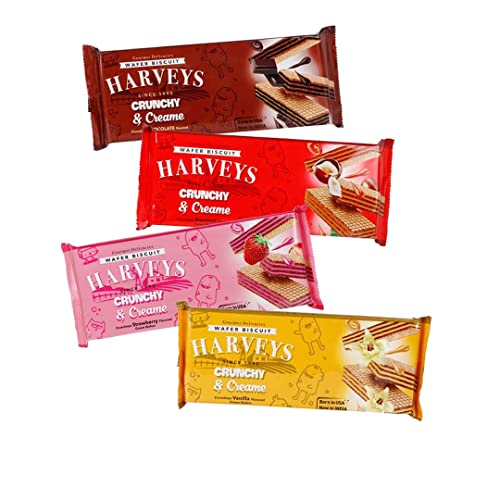 Image of HARVEYS CRUCNHY & CREAMY || WAFERS || BISCUITS || Chocolate, Hazelnut, Strawberry, Vanilla || -Pack of 4 ||150g x 4|| 600g