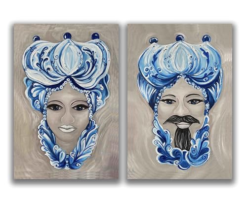 DIAMOND HOME Dipinto a Mano Acrilico su Tela Struttura in legno | Quadro Materico Rettangolare con Dettagli in Rilievo | Set da 2 Dipinti (35 x 50 CM) Made in Italy SET TESTE DI MORO AZZURRE