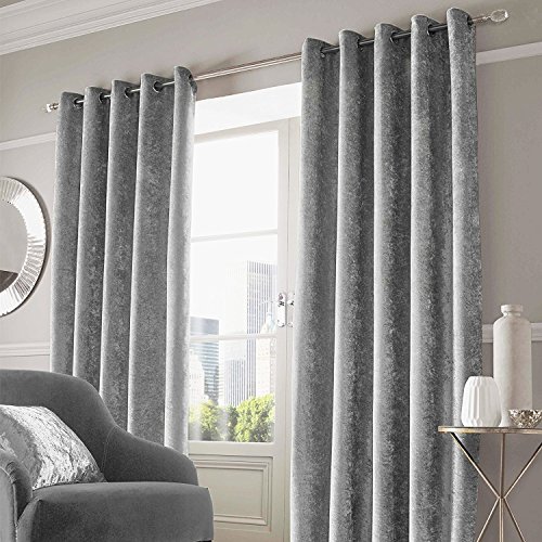 RayyanLinen Readymade Fancy Crushed Velvet Grey Silver Eyelet Ring Top Pair of Curtains Fully Lined Curtains [Width 66 X Drop 54] - Two Panels of Curtain Right and Left