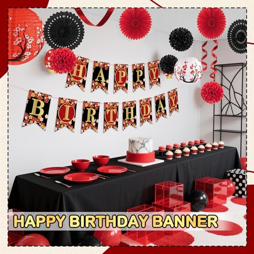 Image of 14Pcs Hibachi Party Decorations, Japanese Lanterns with Cherry Blossom Patterns, Tissue Paper Pom Poms, Round Paper Fans & Happy Birthday Banner Set for Japanese Party Asian Theme Decor