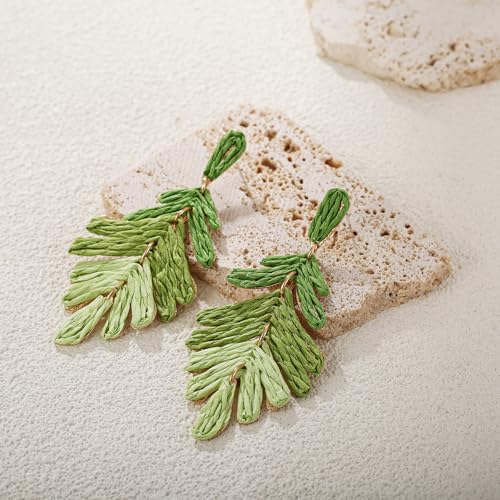 Raffia Long Palm Leaf Earrings, Colorful Handmade Rattan Leaf Drop Dangle Earrings Summer Tropical Beach Jewelry4