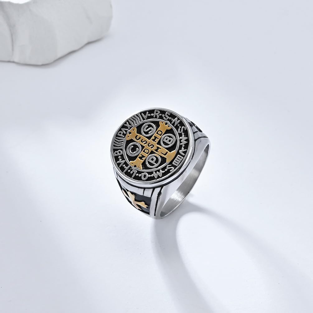 St Benedict Exorcism Ring, Titanium Steel Catholic Ring for Men Saint Benedict Medal Catholic Roman Cross Protection Jewelry Religious Amulet Signet Rings Big Size 7/8/9/10/11/12/13 - Image 2