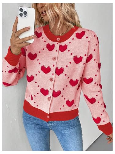 Image of GORGLITTER Women's Heart Long Sleeve Button Down Cardigan Sweater Fall Trendy Dressy Color Block Knit Short Cardigans