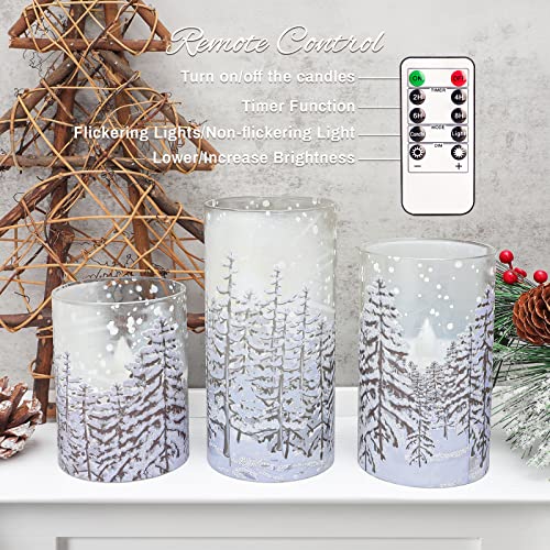 Image of Christmas Tree Flameless Candles, Flickering Battery Operated LED Candles with Remote Timer, Snowflake Iced Glass Pillar Candles for Holiday Party Home Decoration Christmas Gifts, Set of 3
