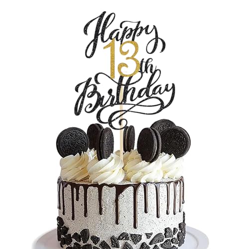 1 Pack Happy 13th Birthday Cake Topper Glitter Black Gold Birthday Cake Decoration 13 Fabulous Cake
