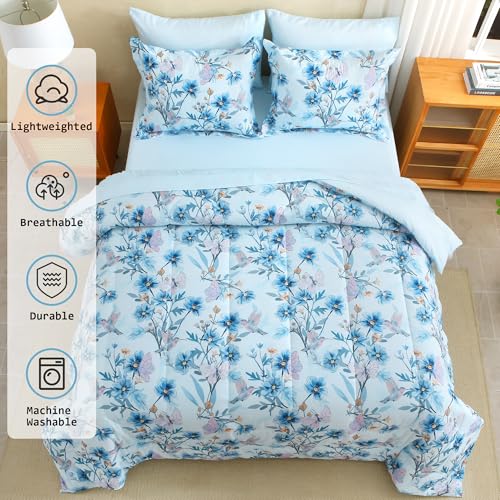 Image of lasoftan Floral Queen Comforter Set with Sheets, 7 piece Luxury Vintage Bedding, Soft Microfiber Bed in a Bag, Cozy Lightweight Bed Set, Blue Flower Leaf Botanical
