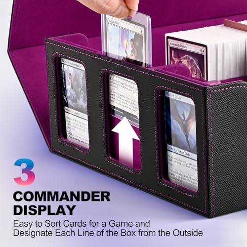 Image of UAONO Card Storage Box for Trading Cards, 1800+ Commander Deck Box for MTG with Display Window, Toploader Card Case fits Magic TCG PTCG Sports Cards; 10 Removable Divider, 3 Stoppers (Black, Purple)