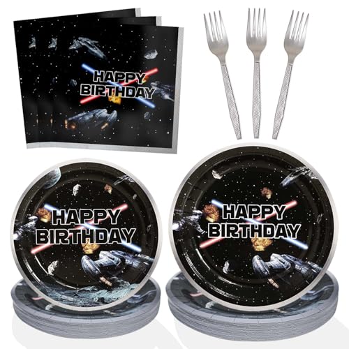 Space Battleship Wars Themed Birthday Party Decorations 25 Guests,100pcs Cardstock Plates, Napkins, Forks | Star Galaxy Universe Starship for Boys Kids Party Decorations