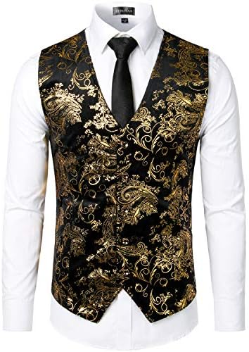 ZEROYAA Mens Hipster Gold Paisley Single Breasted Suit Dress Vest/Tuxedo Waistcoat Z49 Gold Large