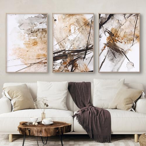 BACKYMRJCART Abstract Brown Wall Art - 16x24inch Frameless Canvas Prints - Grey Brown Beige Watercolor Art - Set of 3 - Perfect for Bedroom Decor, Living Room, Kitchen, Office