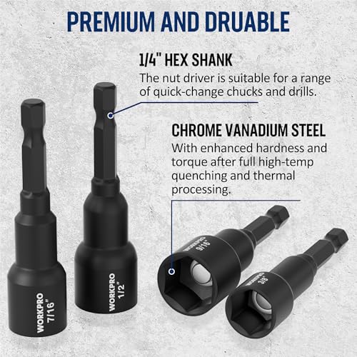Image of WORKPRO 6 PCS Magnetic Nut Driver Set, 1 /4 inch Hex Shank, Drill Socket Set, Impact Driver Bit Set, 1 /4 inch to 9 /16 inch, Chrome Vanadium Steel, SAE