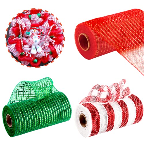 3 Rollos Cinta de Malla Navidad 25cm X 9m Cecorativa Deco Poly Mesh Ribbon,Rojas/Blancas/Verdes/Blancas Rayas Juego de Malla Decorativa,Lámina Metálic