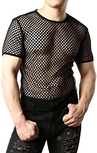 JOGAL Men's Mesh Fishnet Fitted Shirt Short Sleeve See Through Muscle Top