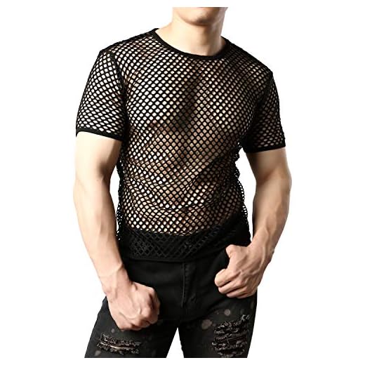JOGAL Men's Mesh Fishnet Fitted Short Sleeve Muscle Top Small WG02 Black