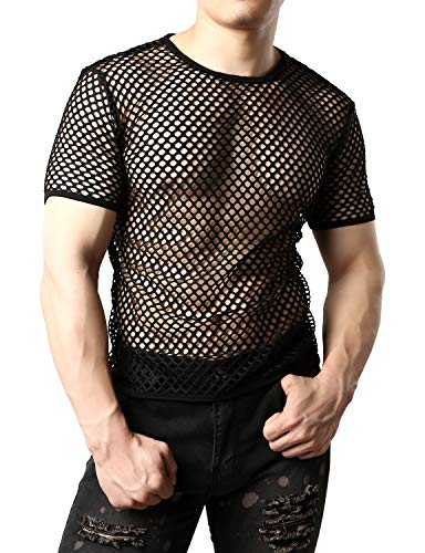 JOGAL Mens Mesh Fishnet Short Sleeve Muscle Top X-Large WG02 Black