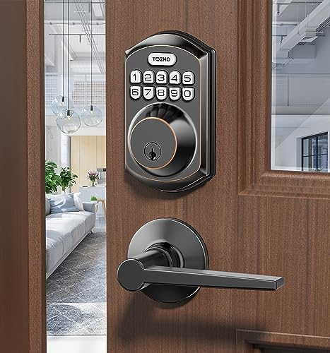 TEEHO TE001L Keyless Entry Door Lock with 2 Handles - Electronic Keypad Deadbolt with Door Lever, Front Door Handle Sets, Auto Lock, Easy Installation, Oil Rubbed Bronze - image 1