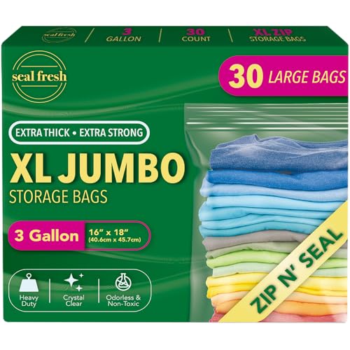 Seal Fresh 3 Gallon Large Plastic Storage Bags 16 x 18 (30 Count) Reusable XXL Extra Large Clear Jumbo Zip Bags with Sealable Zipper Top For Clothes Travel Moving