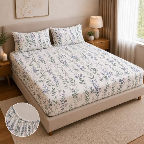 Image of la'amour 100% Cotton Elastic Fitted Bedsheets with 2 King Size Pillow Covers Double Bed with All Around Elastic Supersoft Size - 72 King Sizex78+10 inches White Green Leaf 200 tc - 220 tc