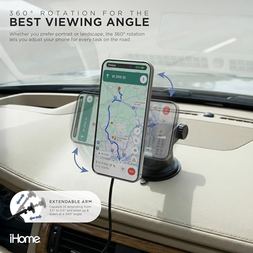 Image of iHome Car Mount, Dashboard /Windshield /Vent Mount, Swivel Neck, Silicone Grip, Adjustable Mount Arm with Suction Cup Base (Magnetic Charging Car Mount)